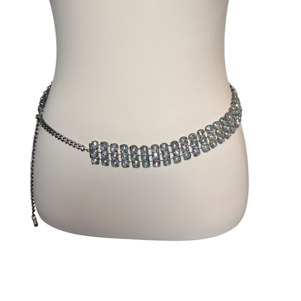 Vintage Silver Tone Clear Rhinestone Three Row Chain Belt Adjustable Formal Glam